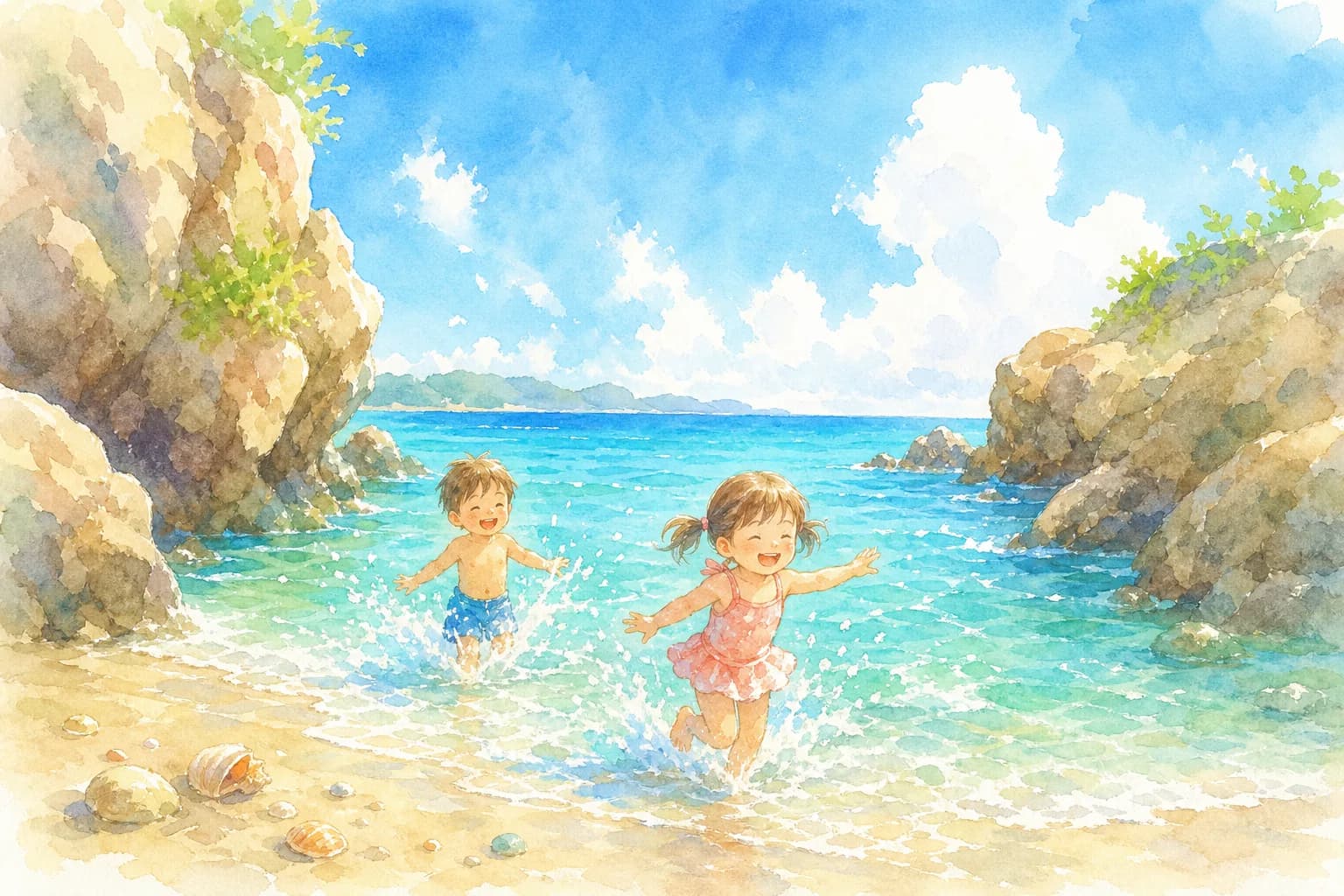 岩場に挟まれた透明度の高い海で夕方まで海水浴