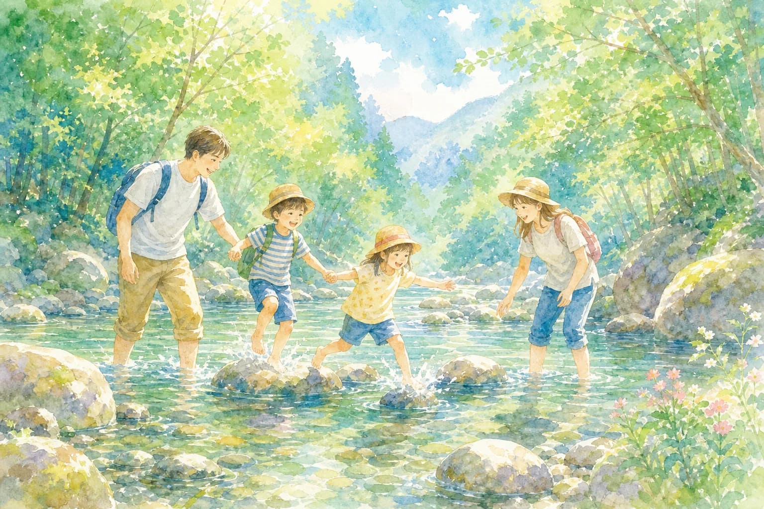 清らかな渓流の浅瀬で夕方まで川遊びを満喫