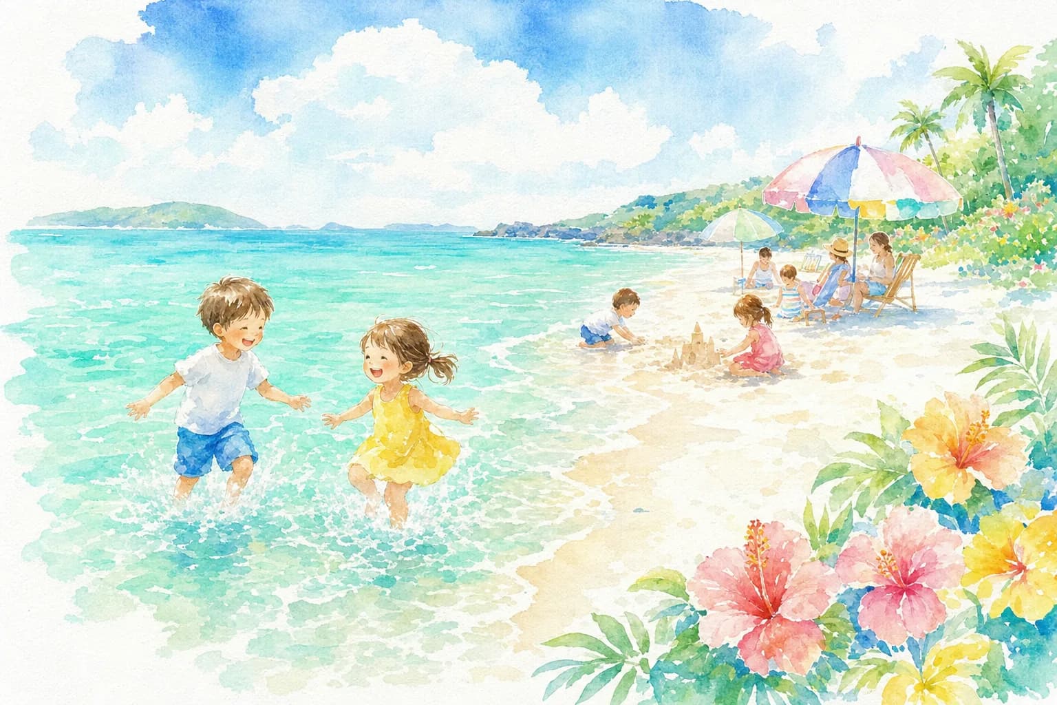 遠浅の白い砂浜で夕方まで海水浴