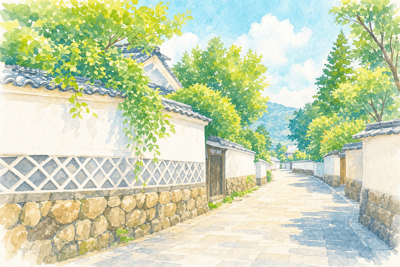 世界遺産・城下町のなまこ壁と土塀が続く武家屋敷通りを散策