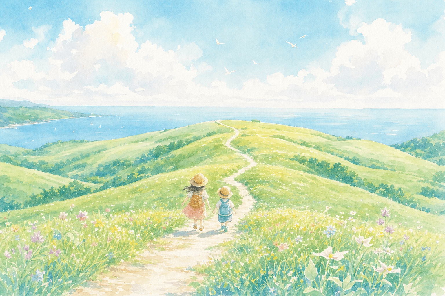 草原の丘から海を見渡す大パノラマの絶景スポット