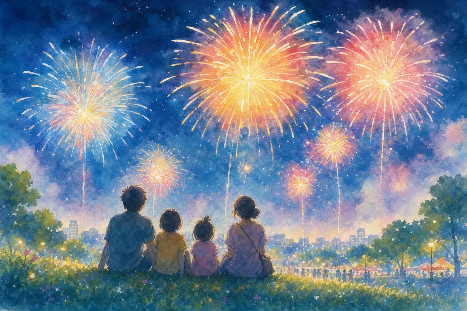 地域に根ざした納涼まつりの花火を公園から観覧