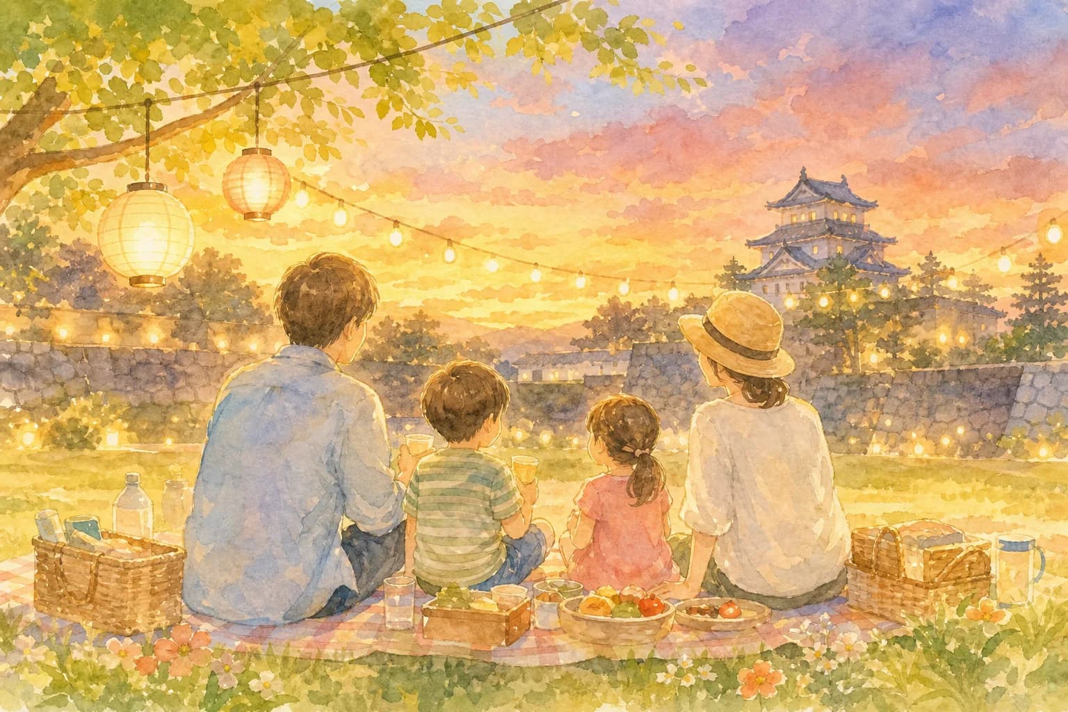 会場で夕食とデカンショ踊りを楽しみ、花火観覧の場所を確保