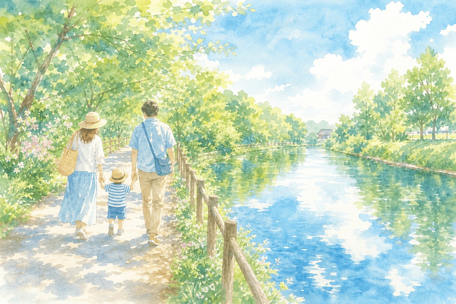 桜の名所としても知られる川沿いの遊歩道を散策