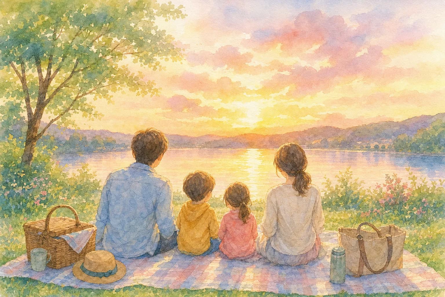 広場で夕食を広げながら場所取り、日暮れを待つ
