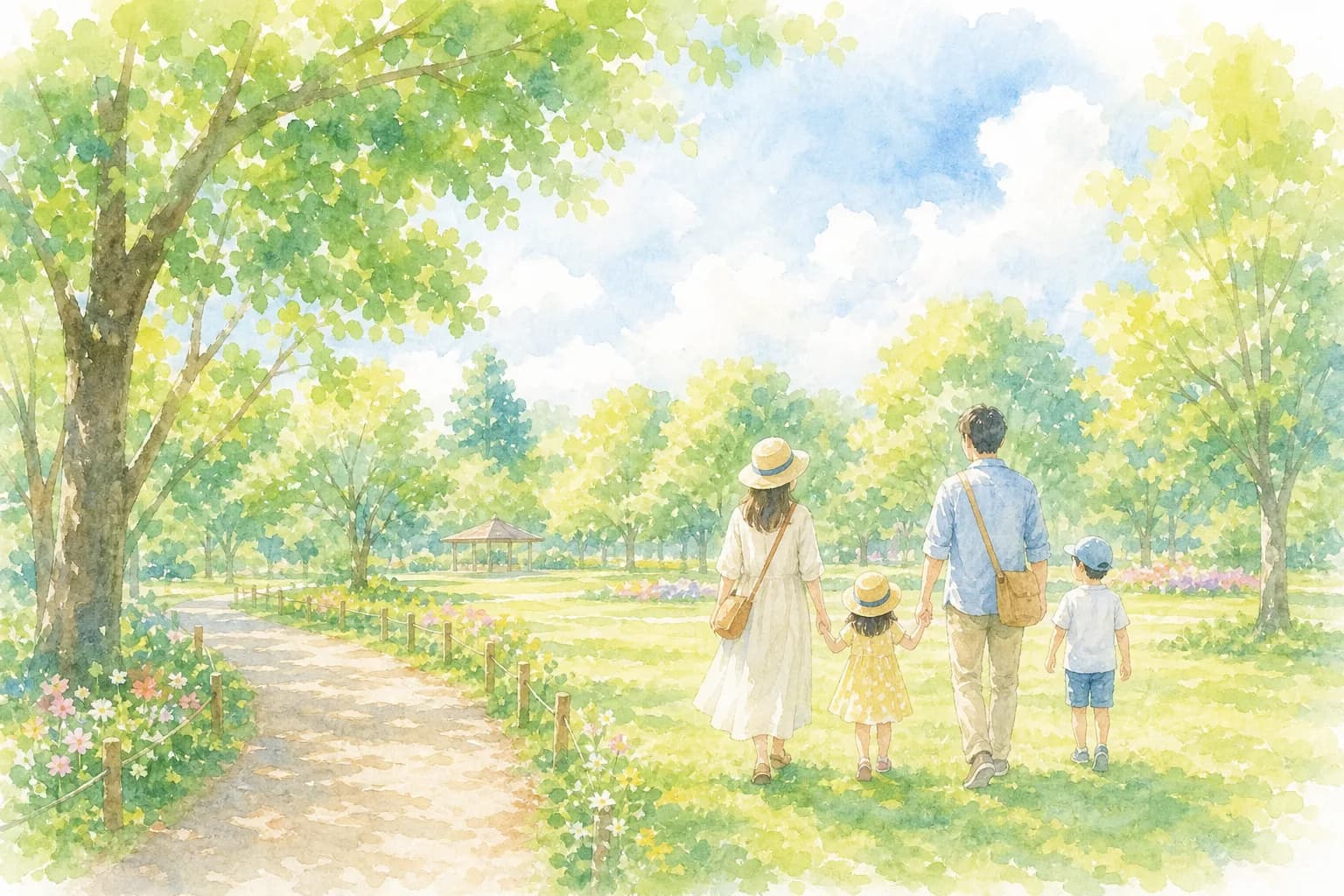 木々に囲まれた広い緑地をのんびり散策