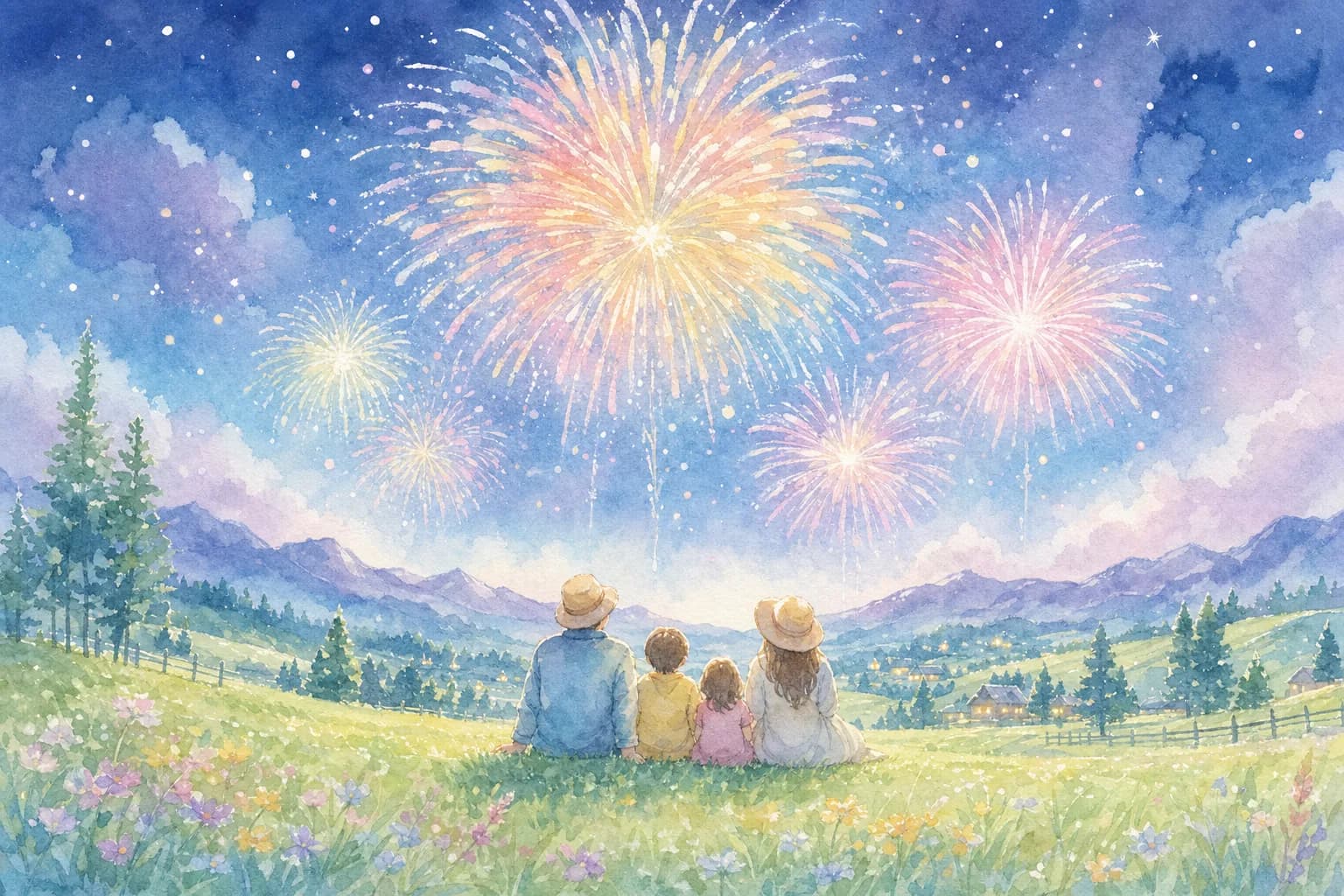 阿蘇の高原に広がる牧野から花火を観覧
