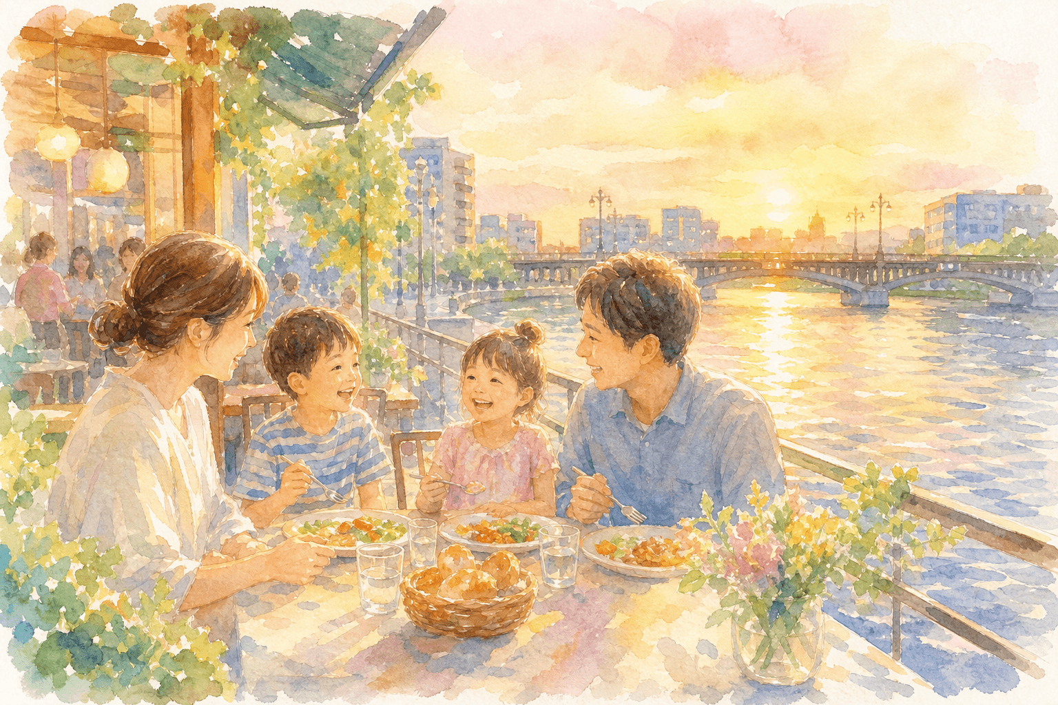 旭川沿いで早めの夕食、まつり本番に備える