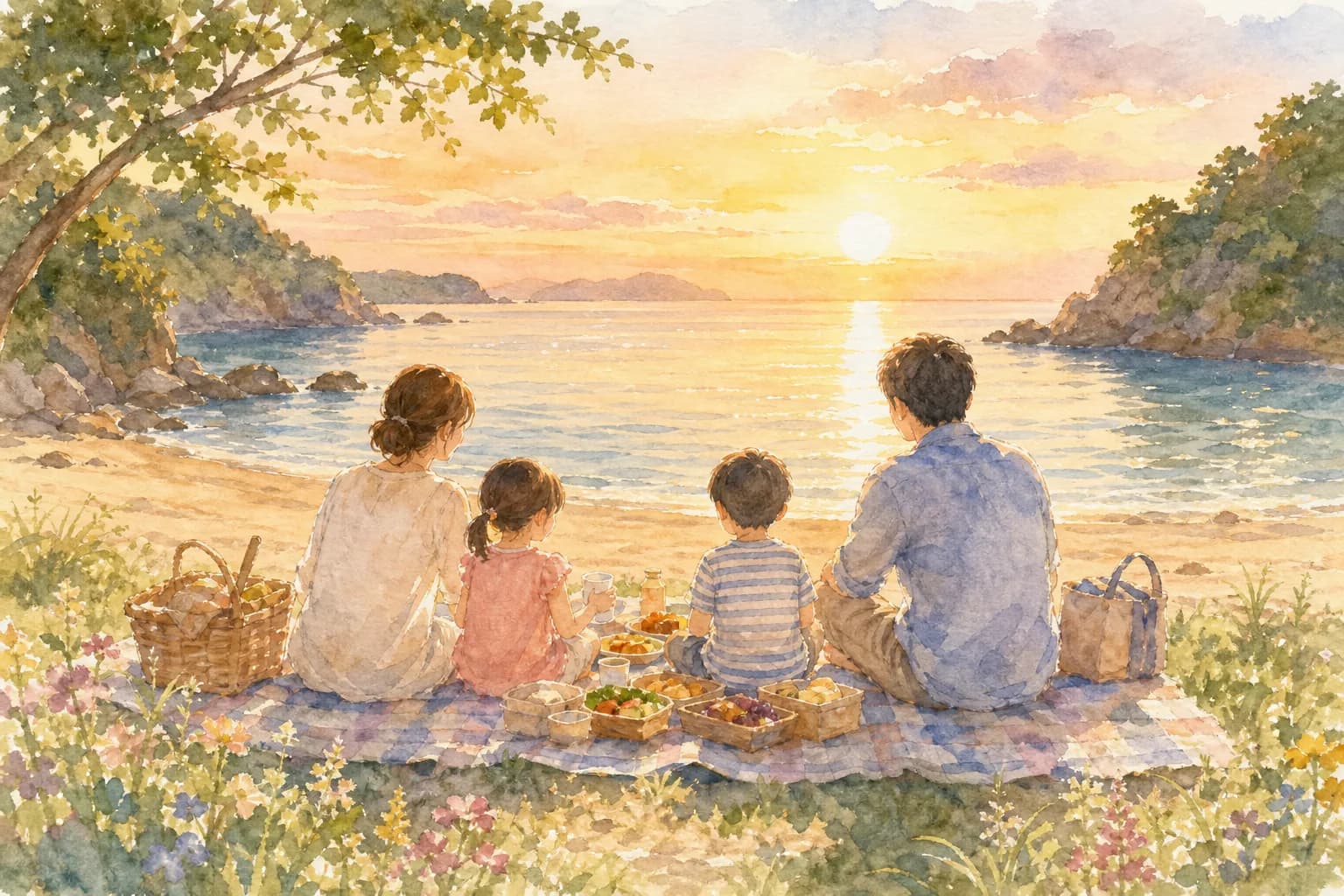 浜辺周辺で夕食を済ませながら場所取り