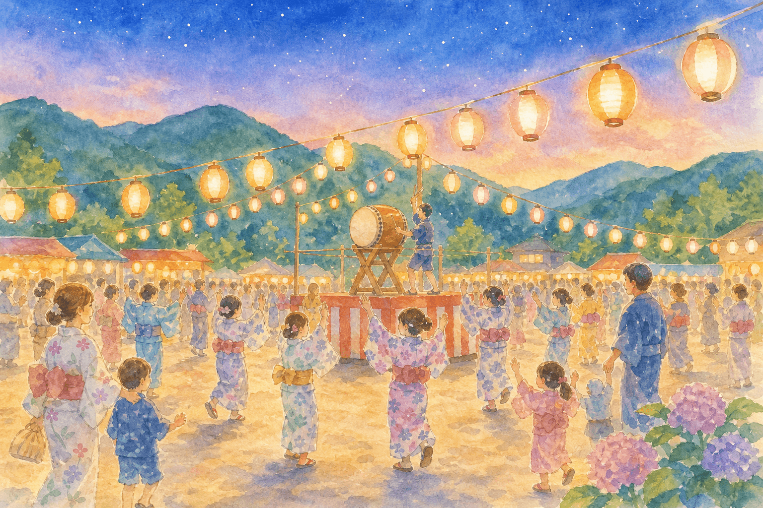 山あいの広場で開かれる納涼祭。夕暮れとともに盆踊りが始まる