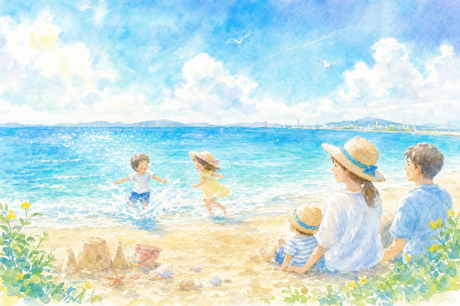 伊勢湾の穏やかな海で夕方まで海水浴
