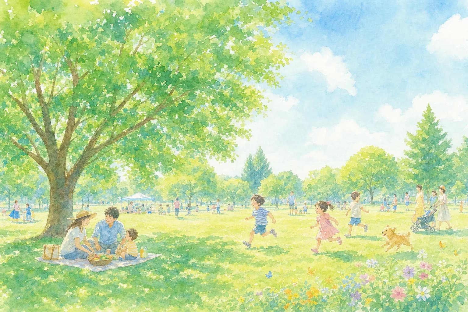 広い芝生と緑陰で体を動かしてプール前のひと遊び