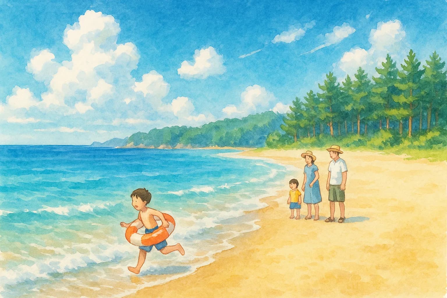 松林と白砂の静かな浜辺で夕方まで海水浴