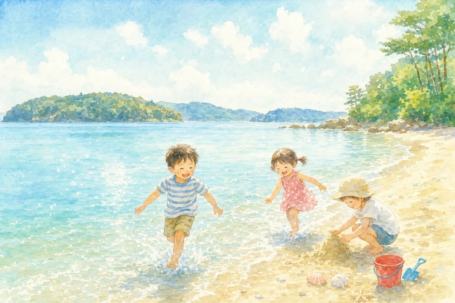 七尾湾の穏やかな内海で夕方まで海水浴。監視員常駐で家族も安心