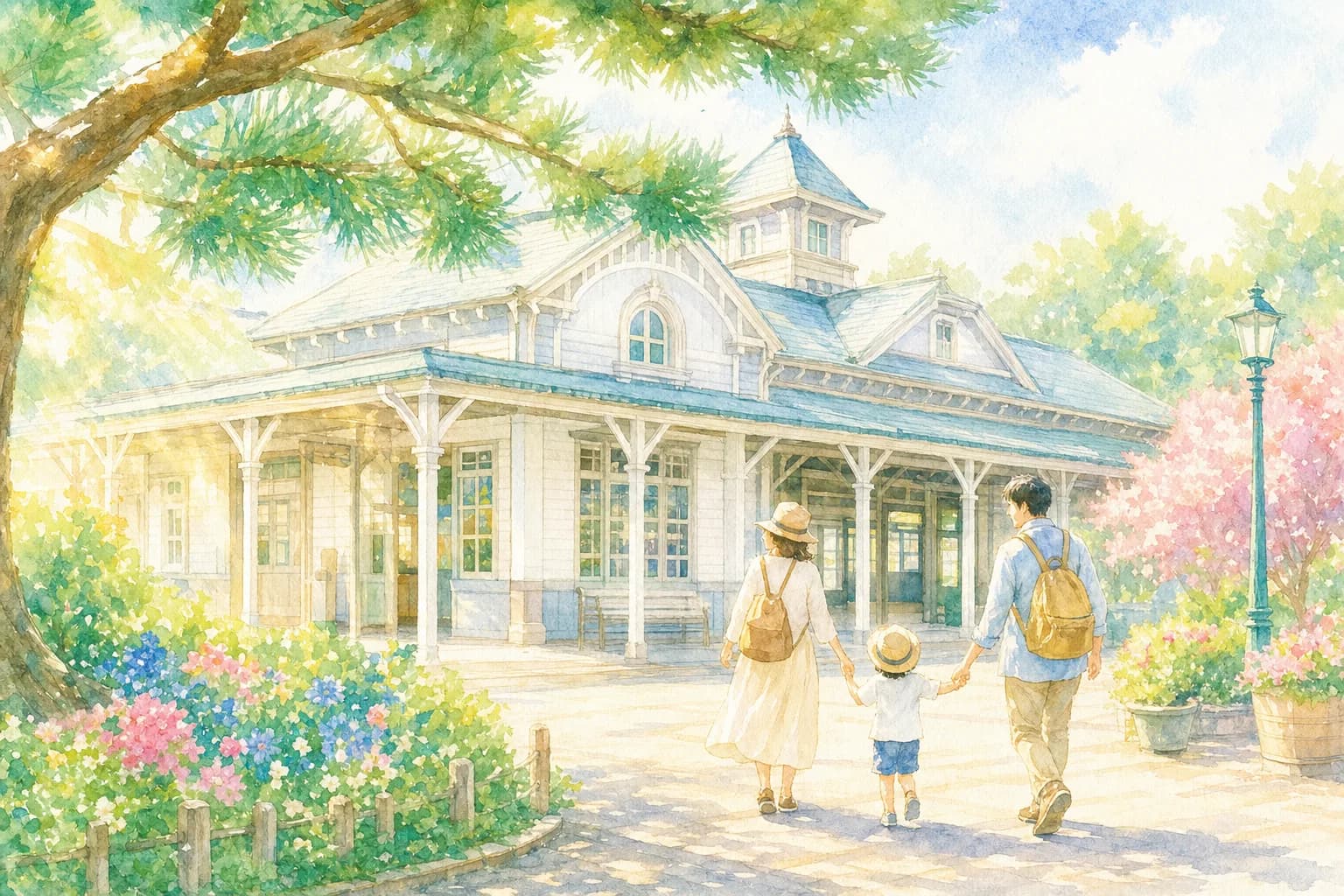 レトロな洋風駅舎を眺めながらプール前の散策