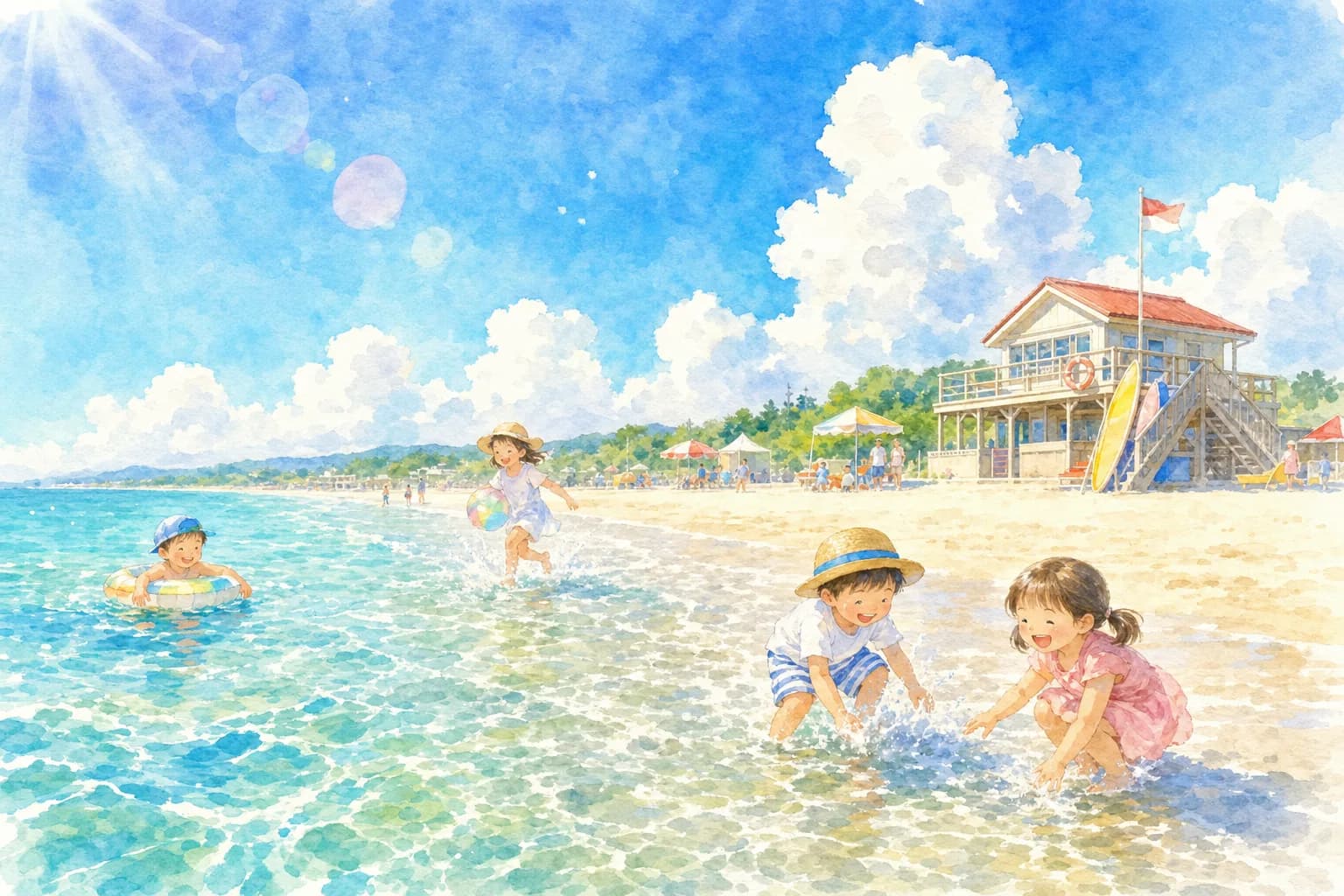 遠浅の砂浜で夕方まで海水浴。無料駐車場・シャワー完備で家族も安心