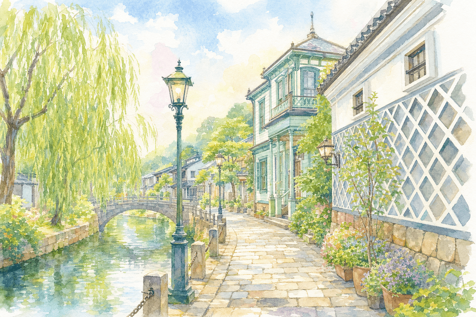 两人漫步垂柳摇曳的石板路,在复古咖啡馆午餐休憩