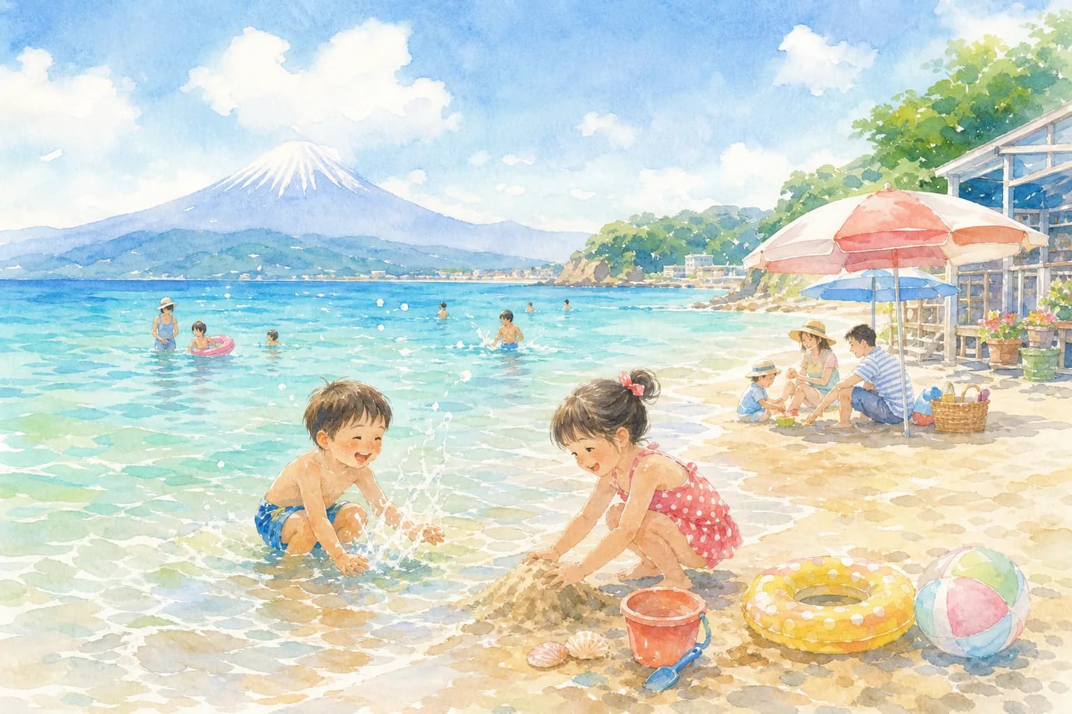 富士山と江の島を望む海岸で夕方まで海水浴