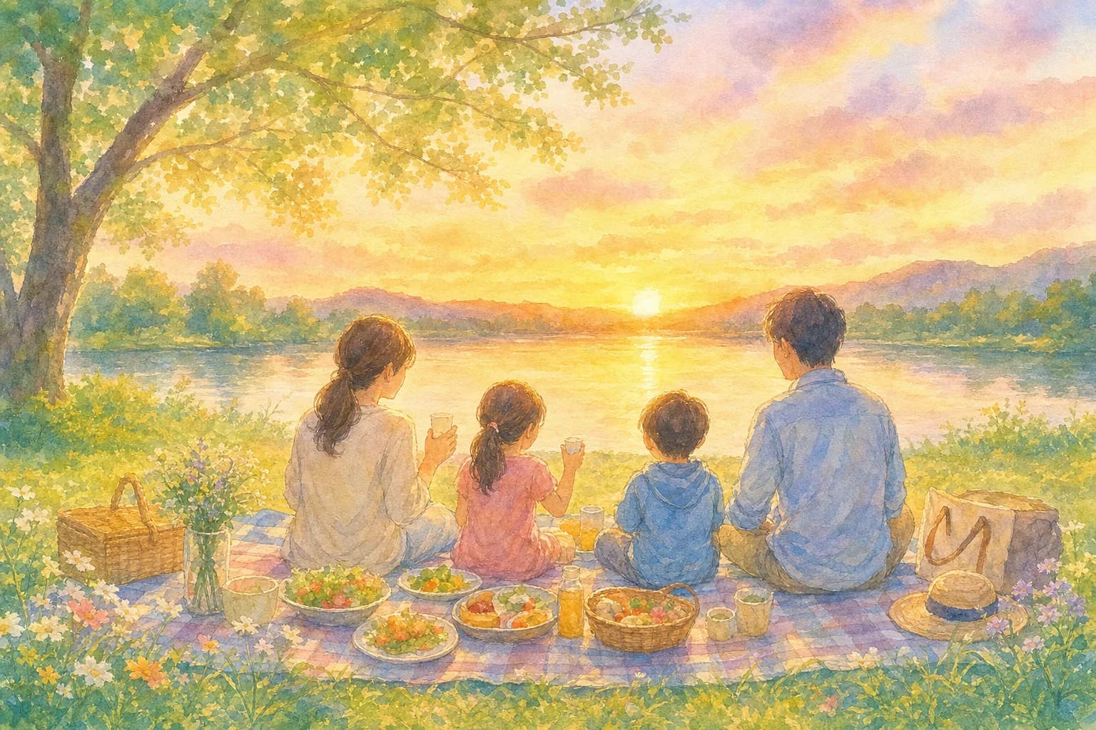 湖畔で夕食、花火観覧の場所取り