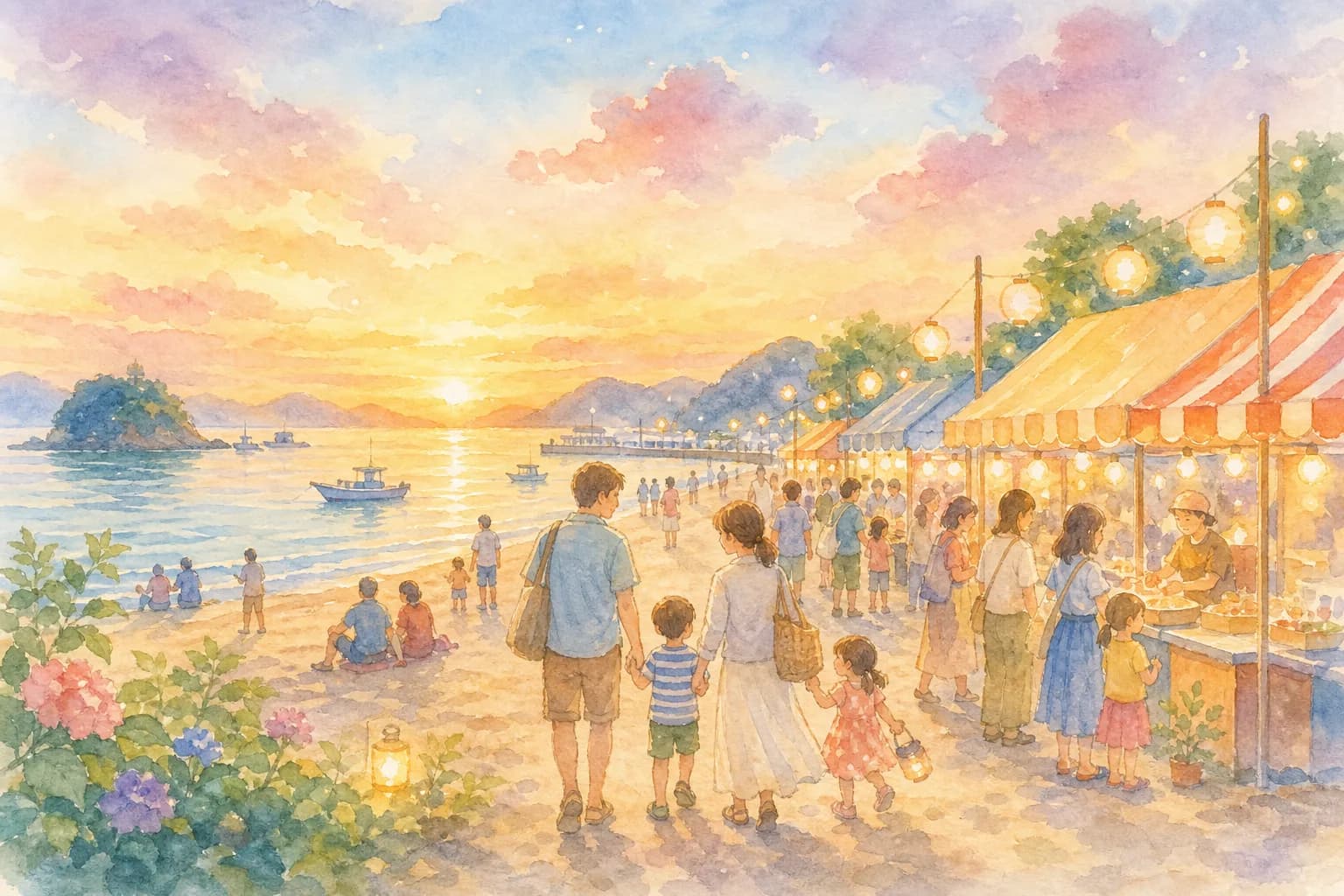 浜辺で夕涼みしながら腹ごしらえ、花火前の場所取り