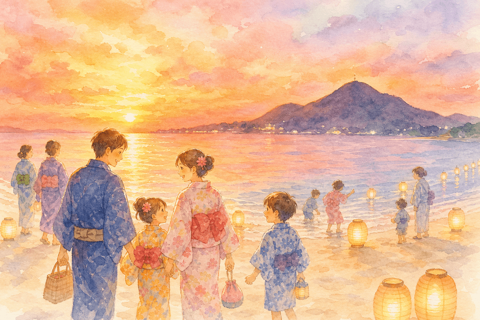 指月山を望む白砂の浜辺が祭りの舞台に。まつり最終日には屋台約60店も