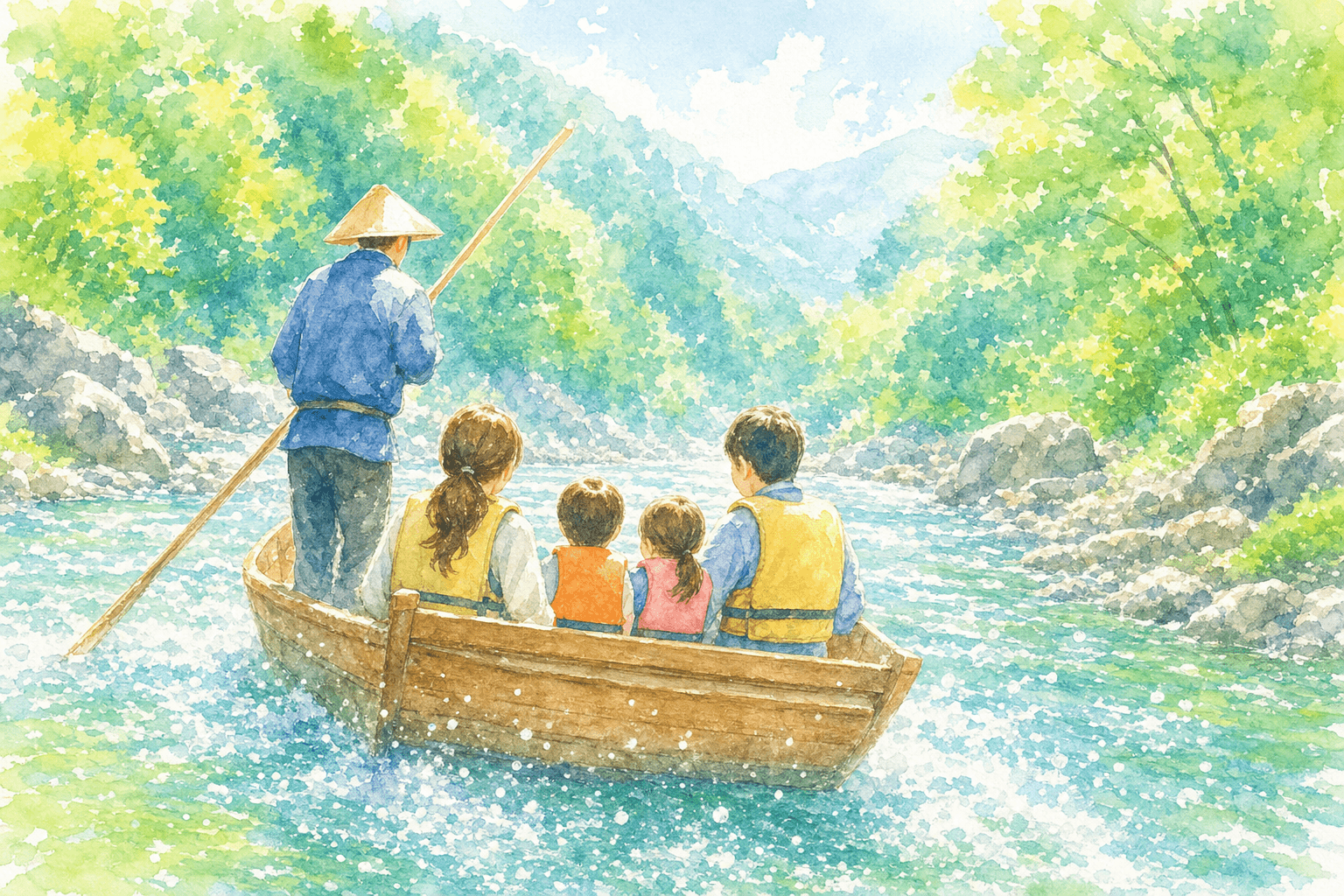 船頭さんの竿さばきで約2時間の川下り、瀬のしぶきに大歓声