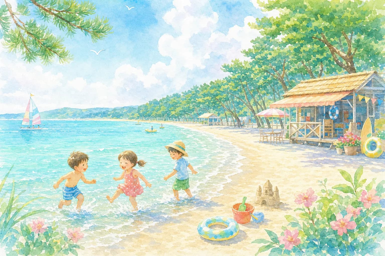 黒松林に守られた白砂の遠浅ビーチで夕方まで海水浴