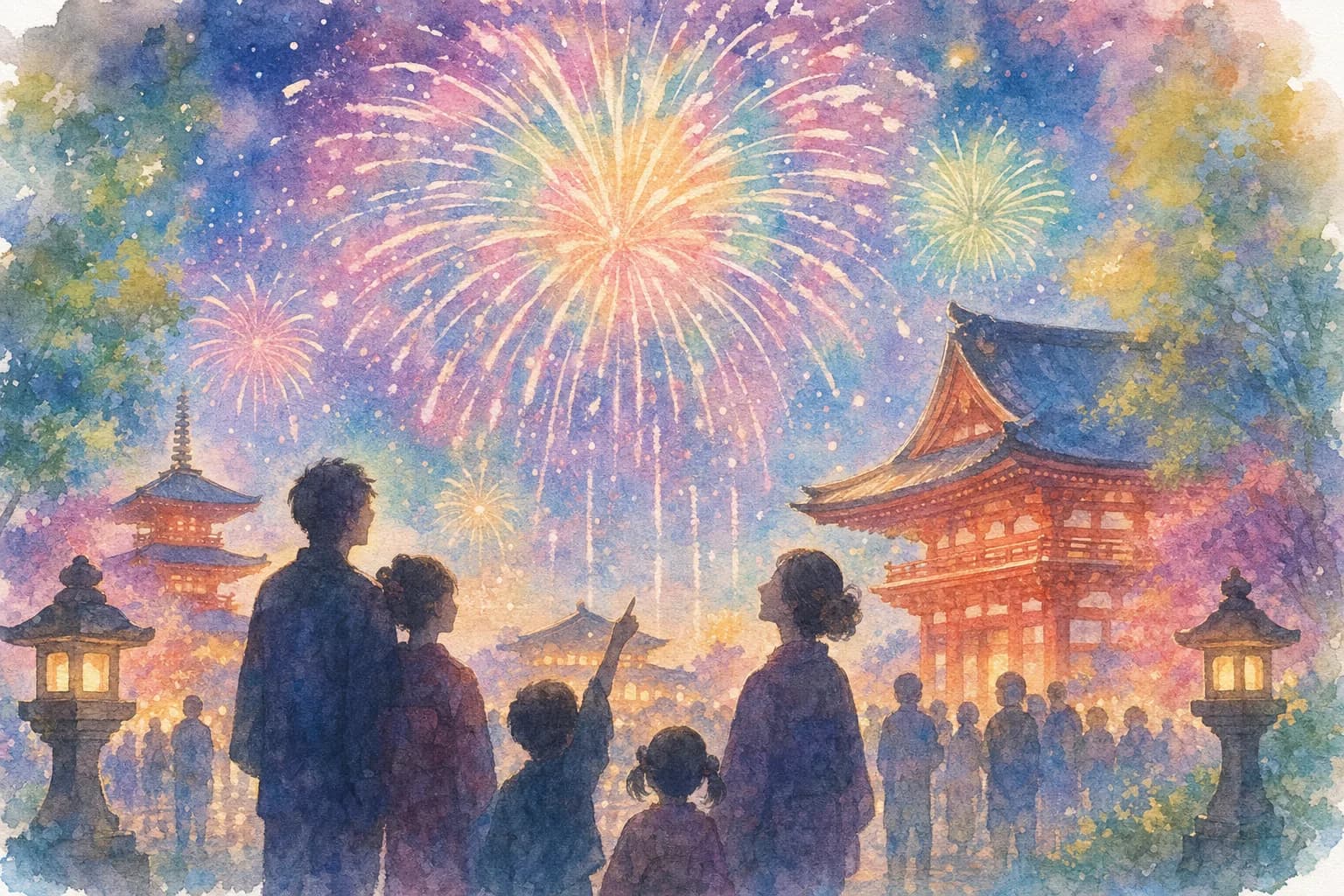 約90発、寺院の境内から夜空に打ち上がる花火を観覧