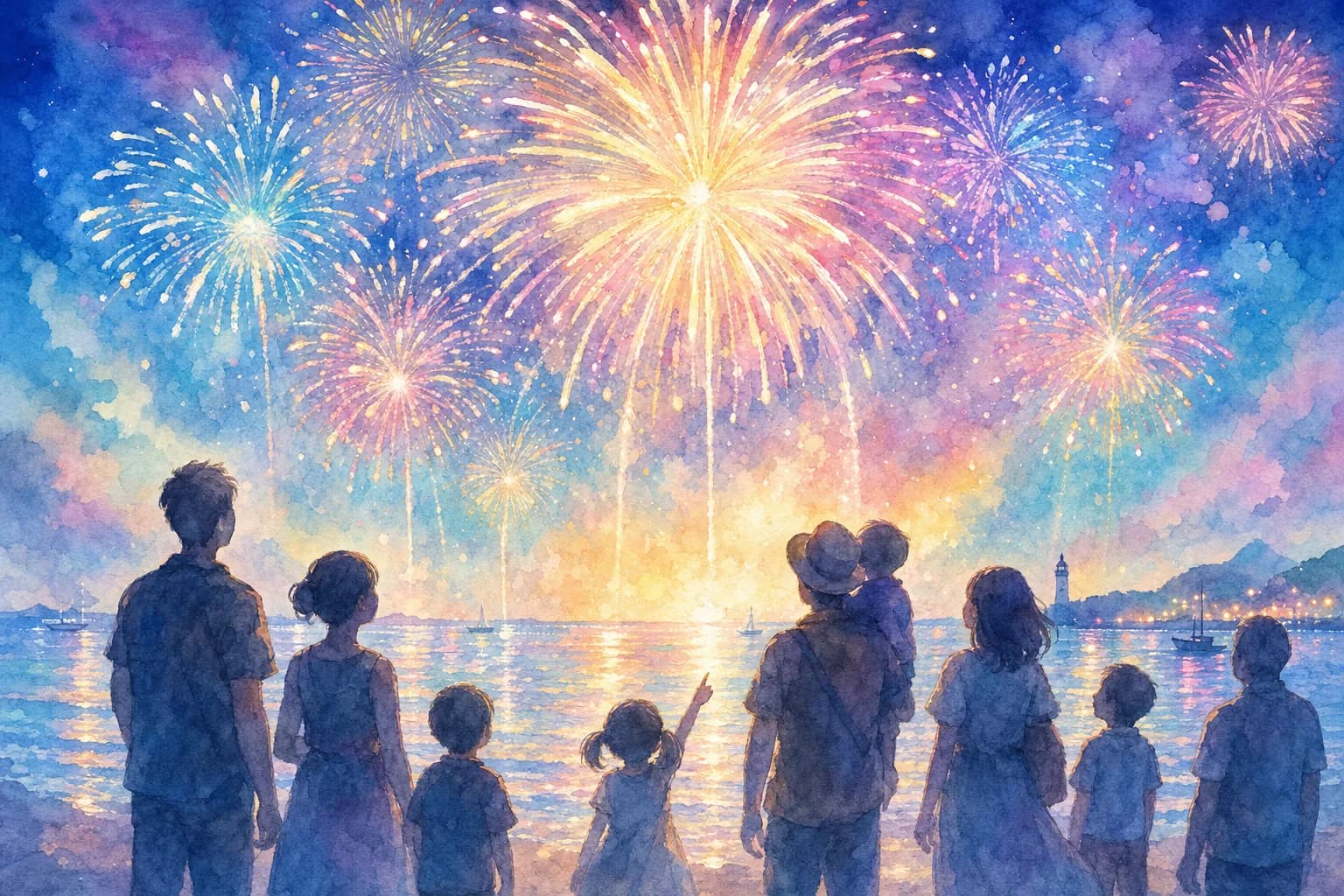 日高の夜空を彩る花火を海辺から観覧