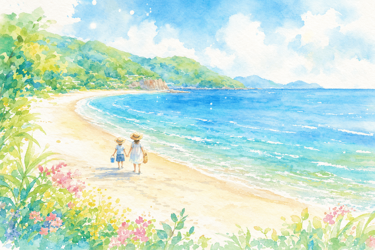 日本百選夕陽城鎮·雙海的白沙海灘雙人漫步