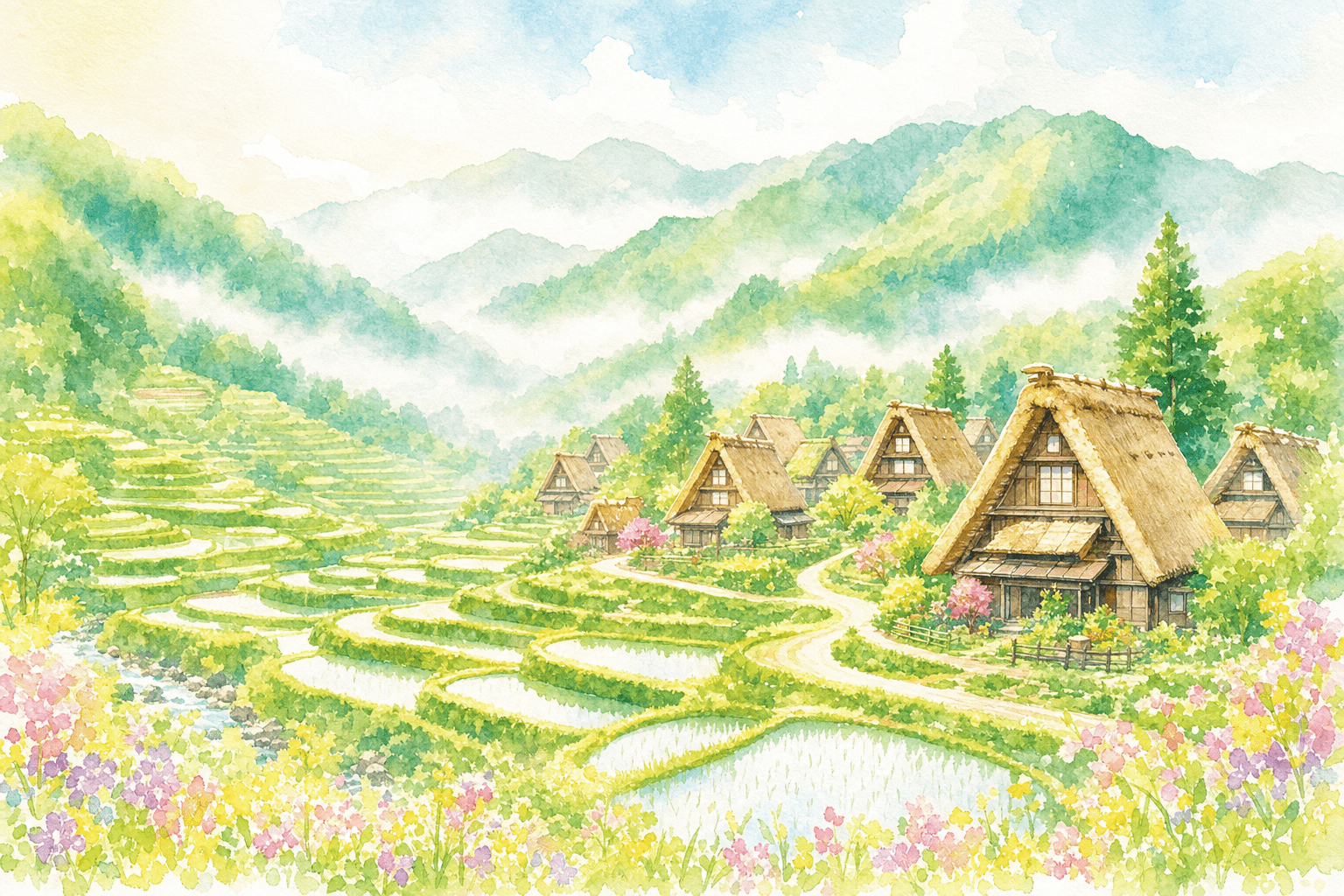 从观景台欣赏集落全貌,在茅草房屋之间悠闲散步