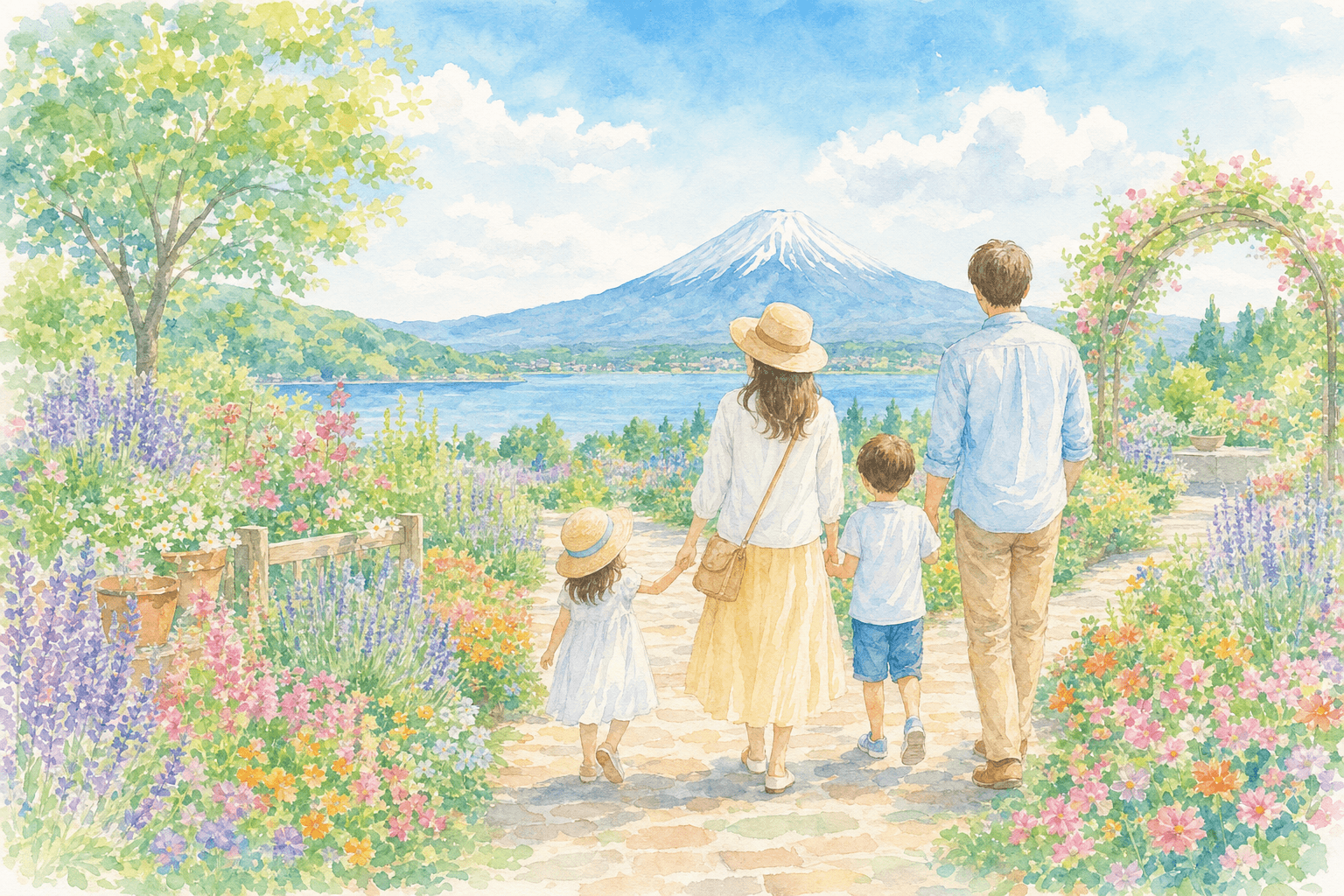 湖越しに富士山を望むハーブ庭園を散策、おみやげ探しも