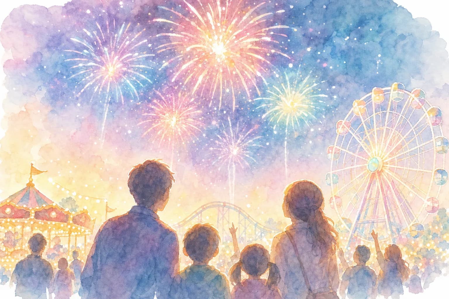 遊園地の夜空に約5,500発が打ち上がる