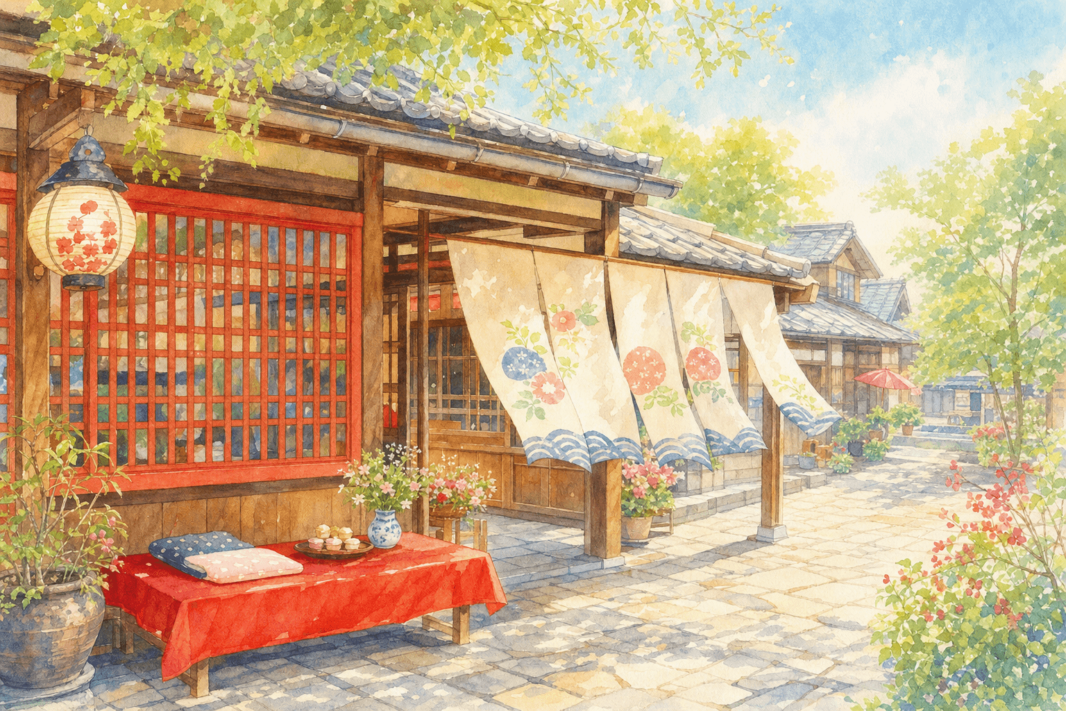 紅殻格子の甘味処でひと休みし、湯の曲輪さんぽとお土産探し、周辺で昼食も