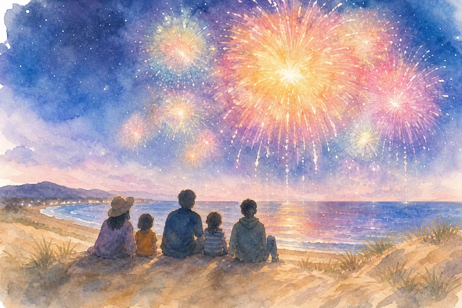白い砂丘と日本海を背景に打ち上がる花火を観覧