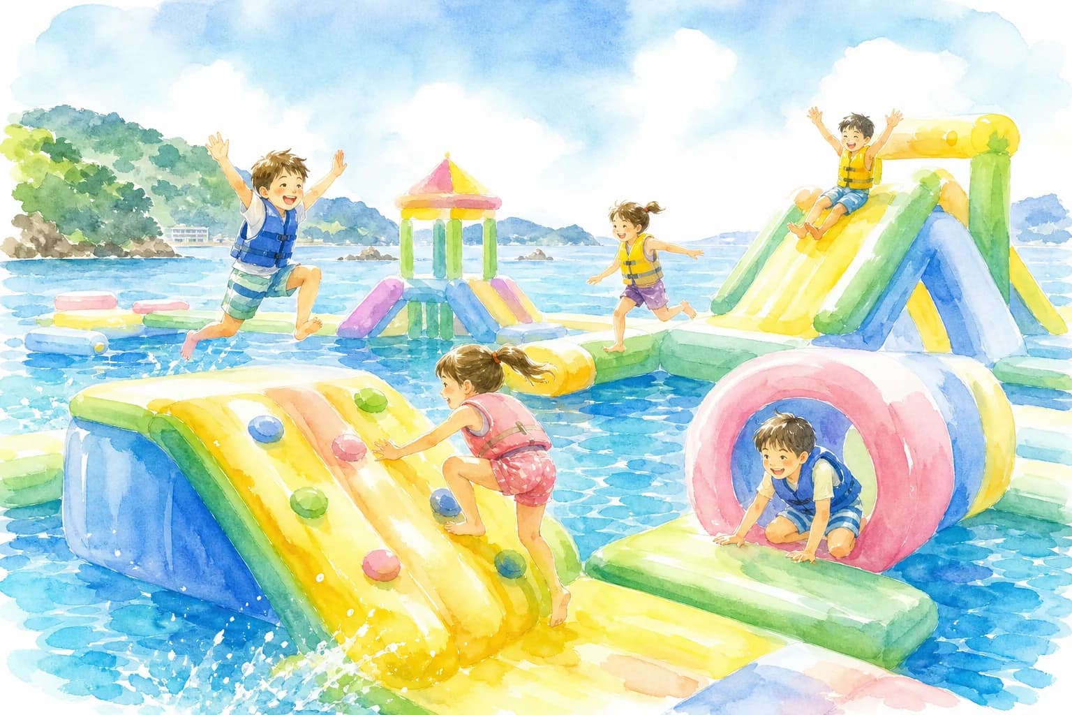 海に浮かぶカラフルな水上アスレチックで夕方まで遊ぶ