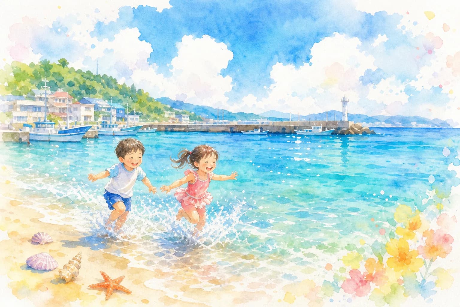 漁港のそばの静かな海で夕方まで海水浴