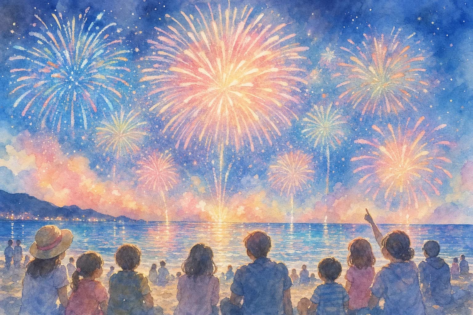 鳥海山を望む夕日の名所で花火を観覧