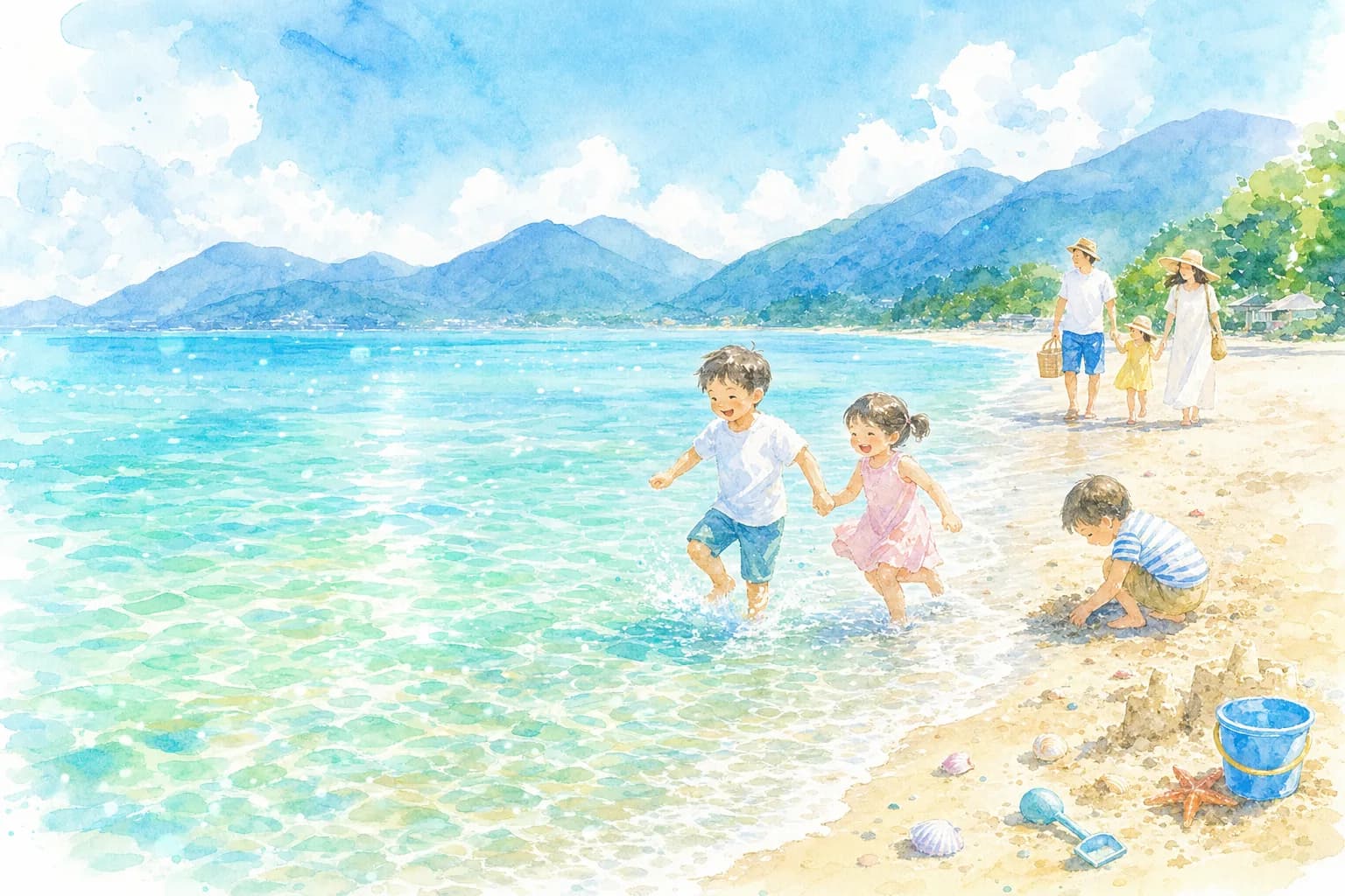 透明度の高い遠浅の海で夕方まで海水浴