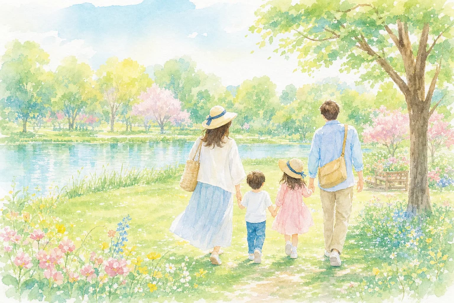 沼のほとりの公園でのんびり過ごす
