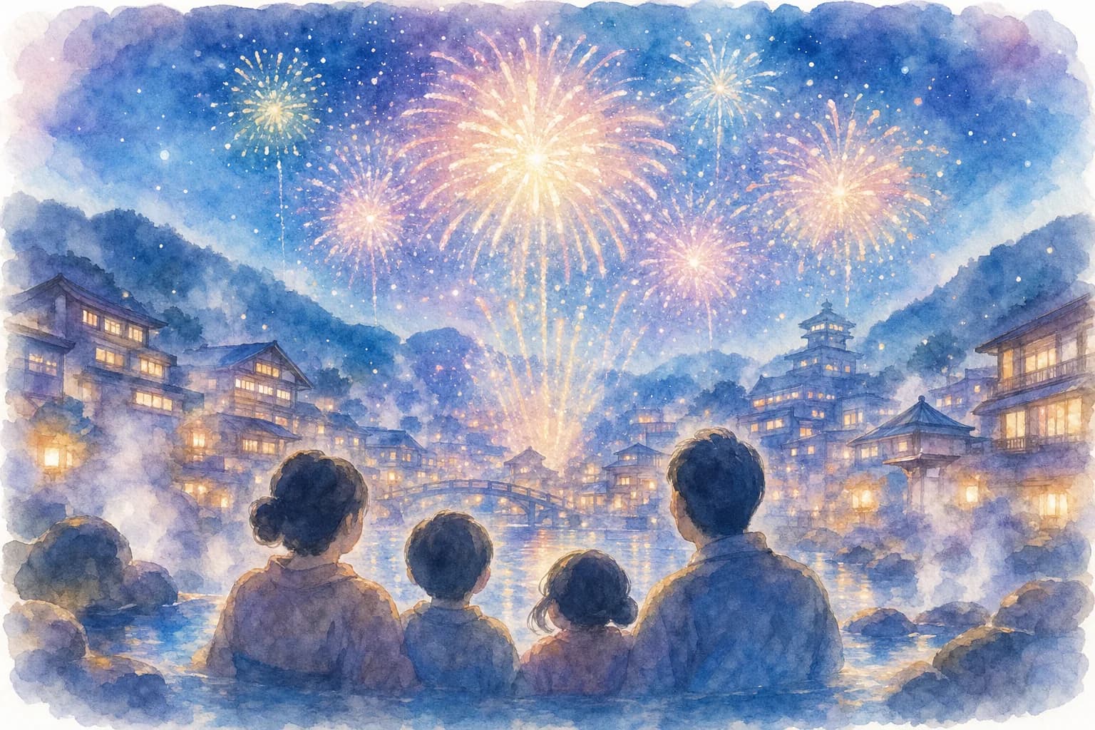 温泉街の夏祭り、夜空を彩る花火を観覧