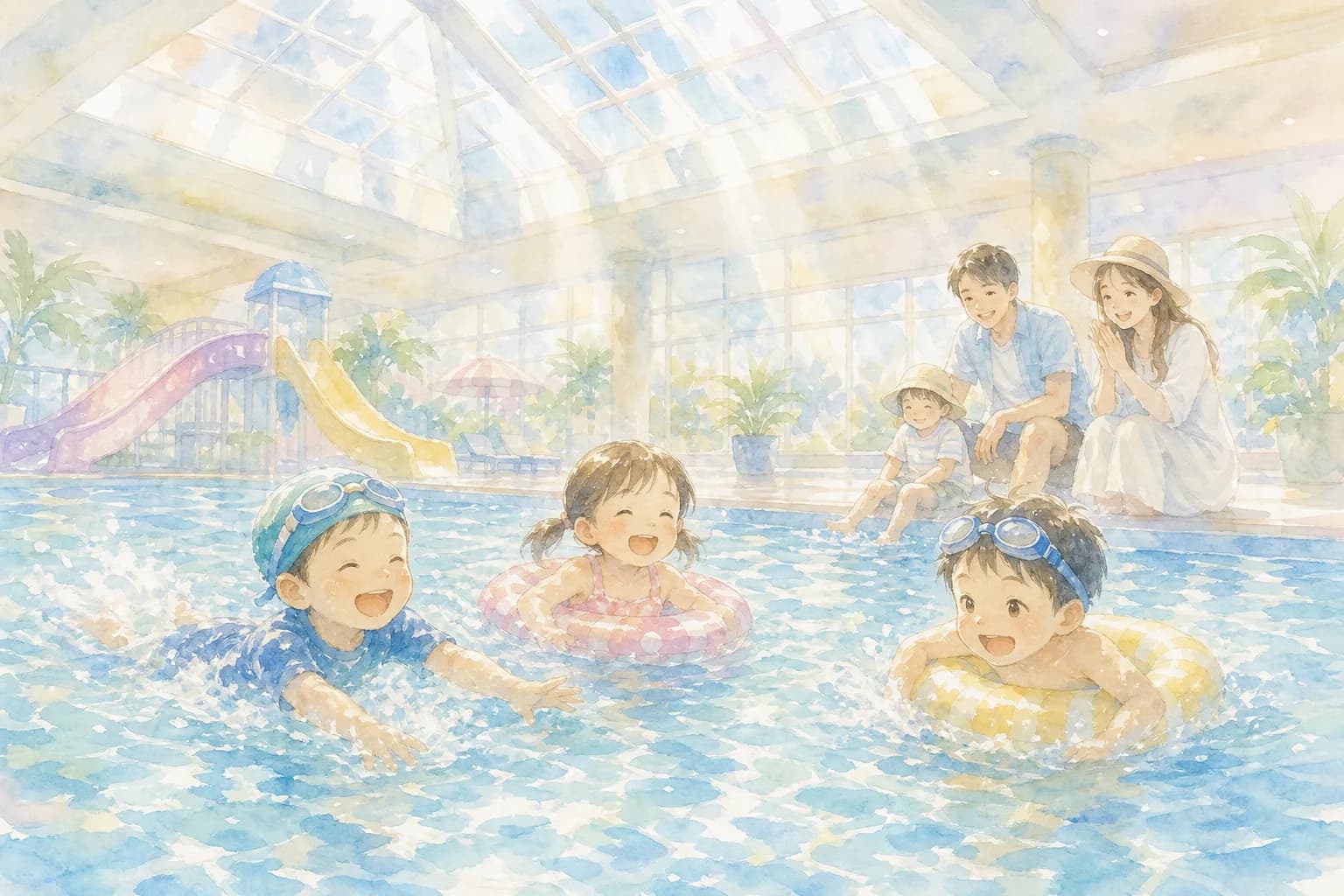 屋内プールで夕方まで水遊び・水泳を満喫