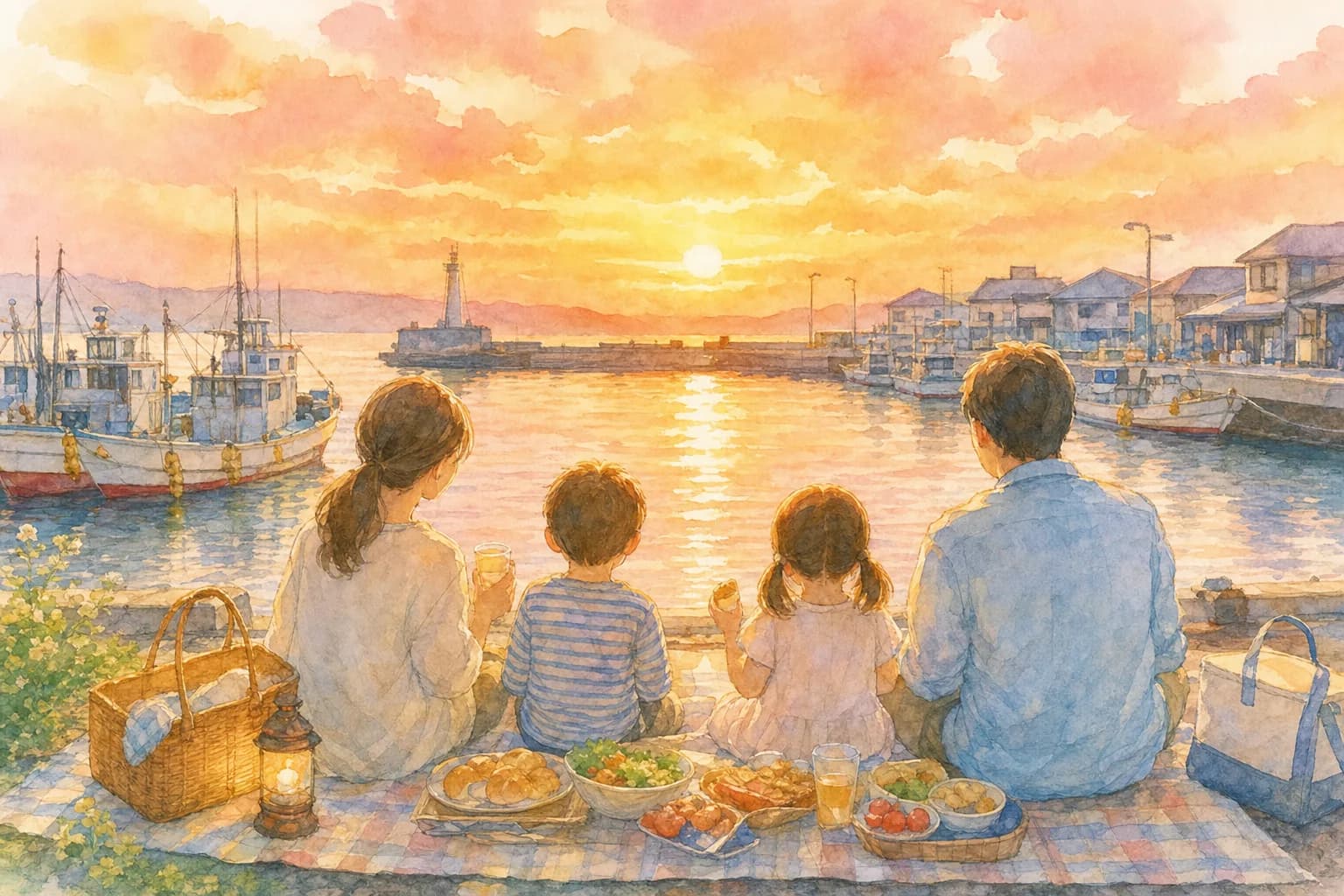漁港周辺で夕食を広げ、場所を確保して開演を待つ