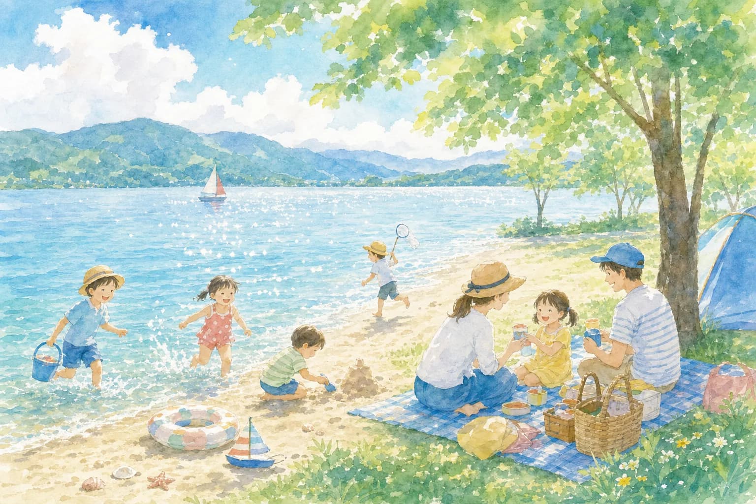 琵琶湖の水辺で夕方まで水遊び。シャワーや売店も充実