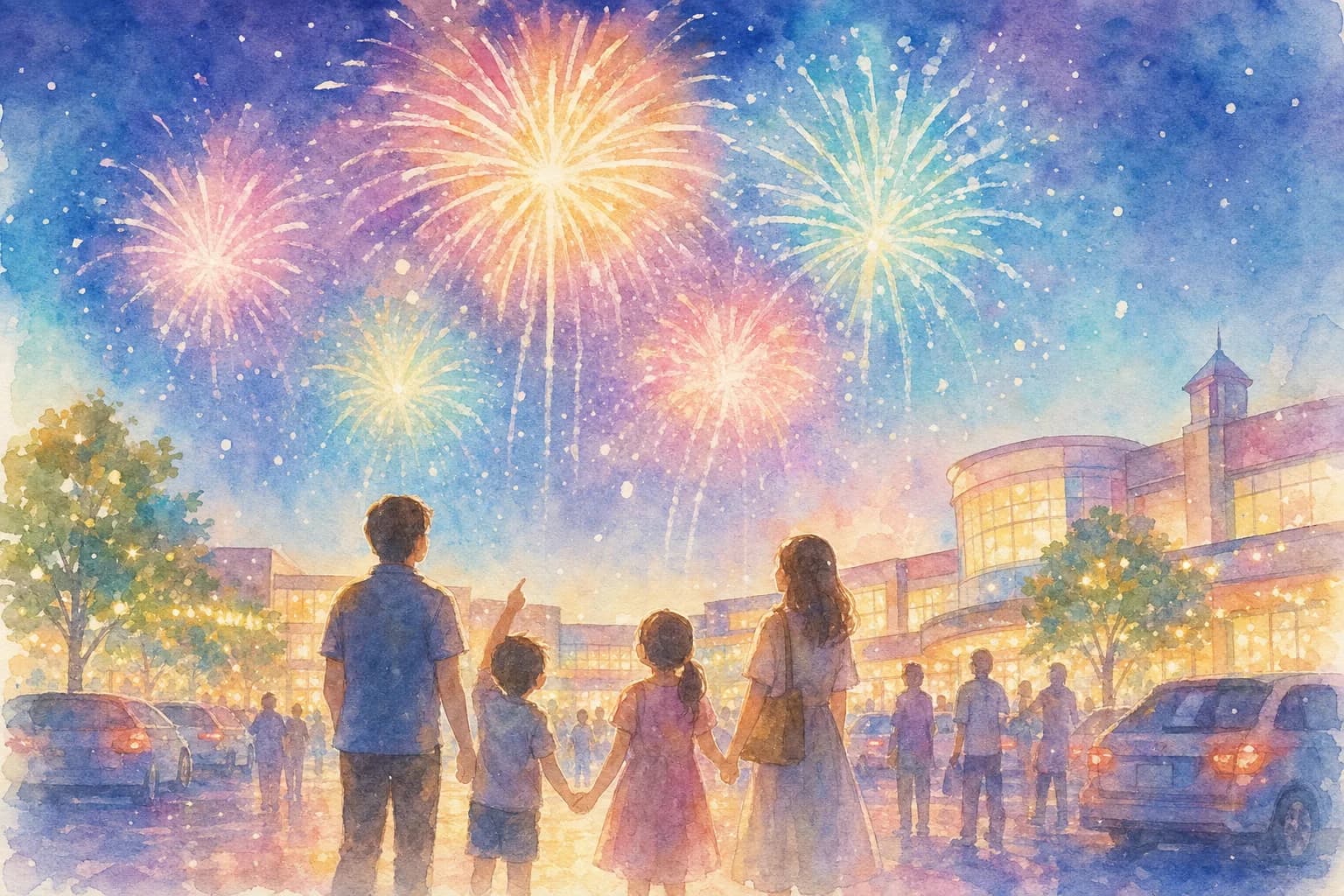 モール上空に打ち上がる約20分間の花火を観覧