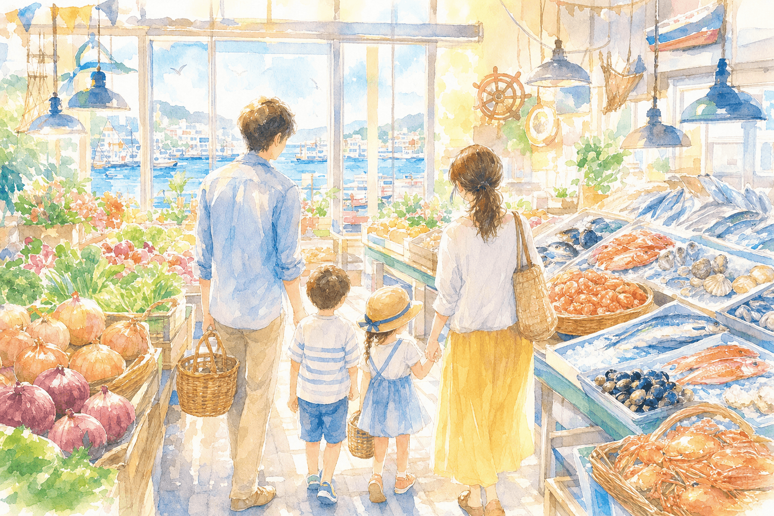 地元の海の幸と野菜が並ぶ市場で、家族みんなのお土産探し