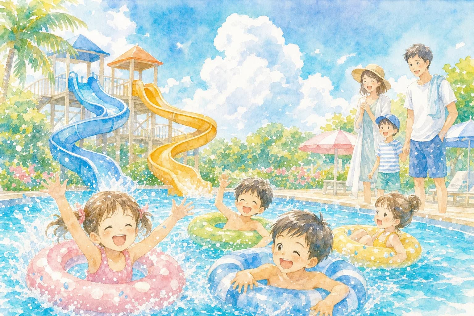 流れるプール・スライダー・幼児プールなど盛りだくさんの屋外プールで水遊び