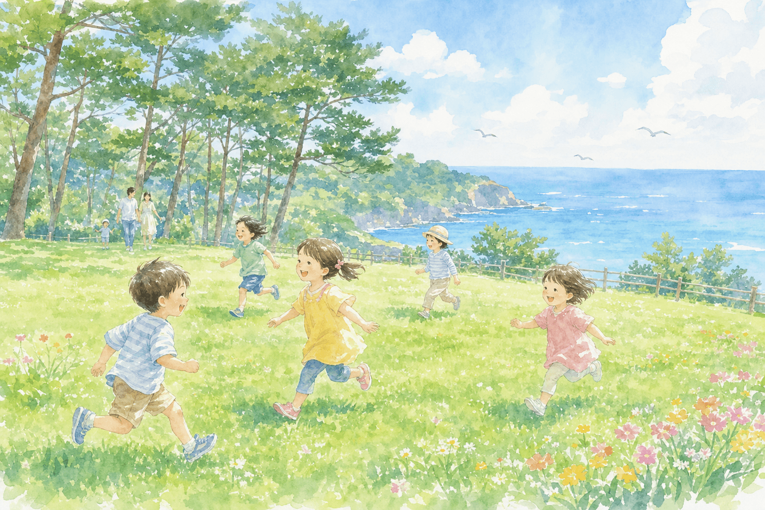 海に突き出た岬の公園、大型遊具とロング滑り台で思いきり遊ぶ