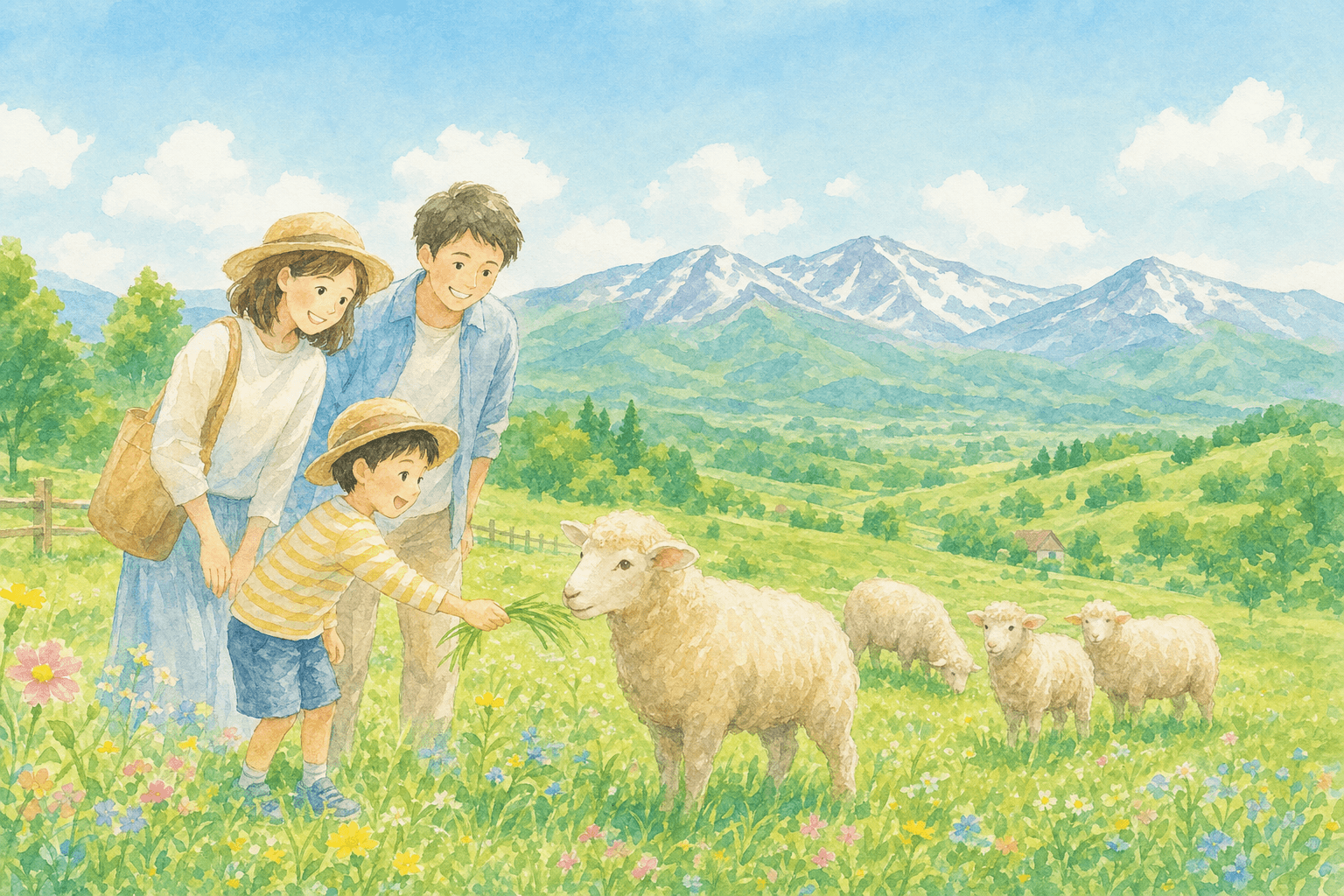 広い牧草地でヤギや羊にえさやり、チーズ作りの里で牧場体験