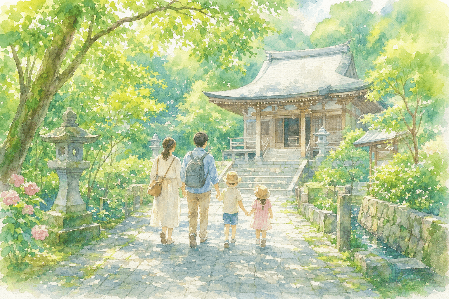今夜の花火大会会場に隣接する静かな寺院でひとやすみ